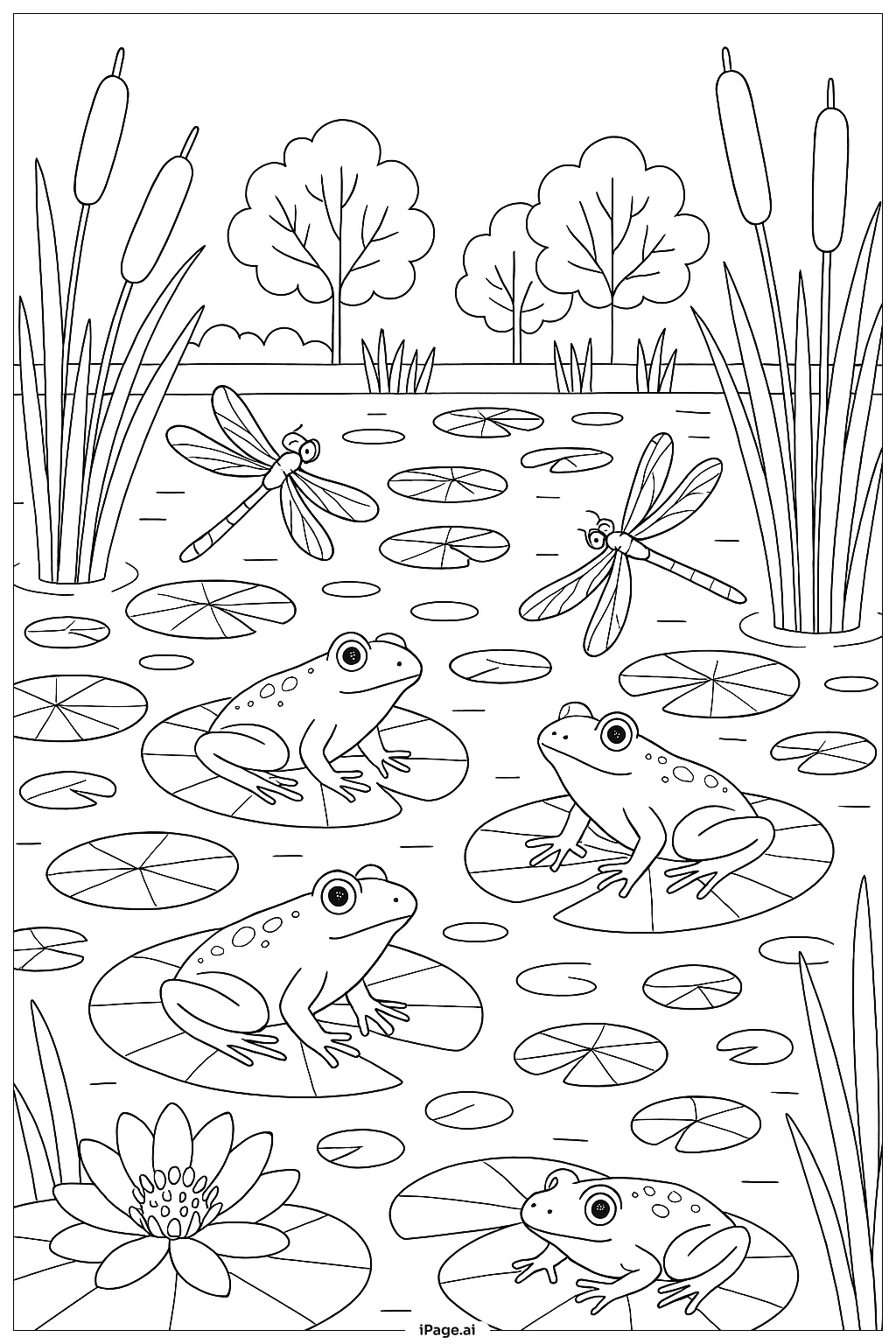 April Pond With Dragonflies And Reeds Coloring Page