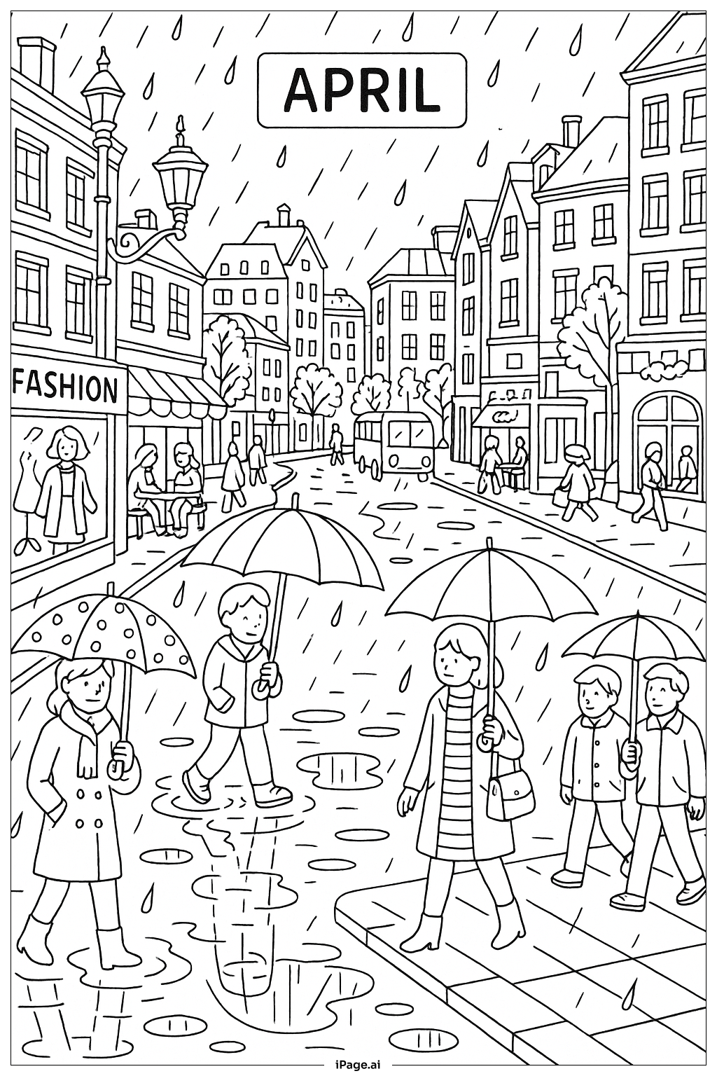 April Rainy City Street With Puddles Coloring Page