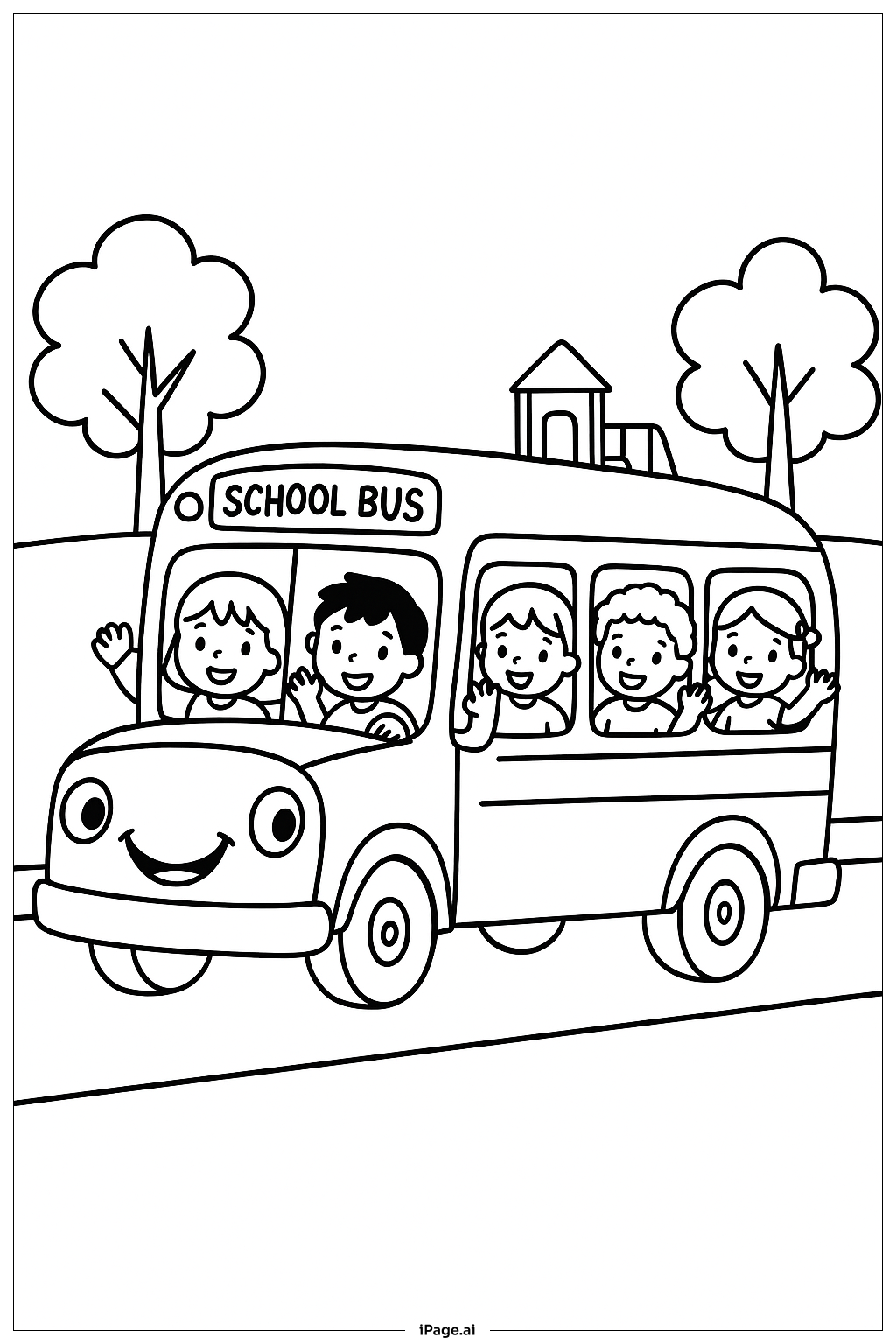 April School Bus With Trees Coloring Page