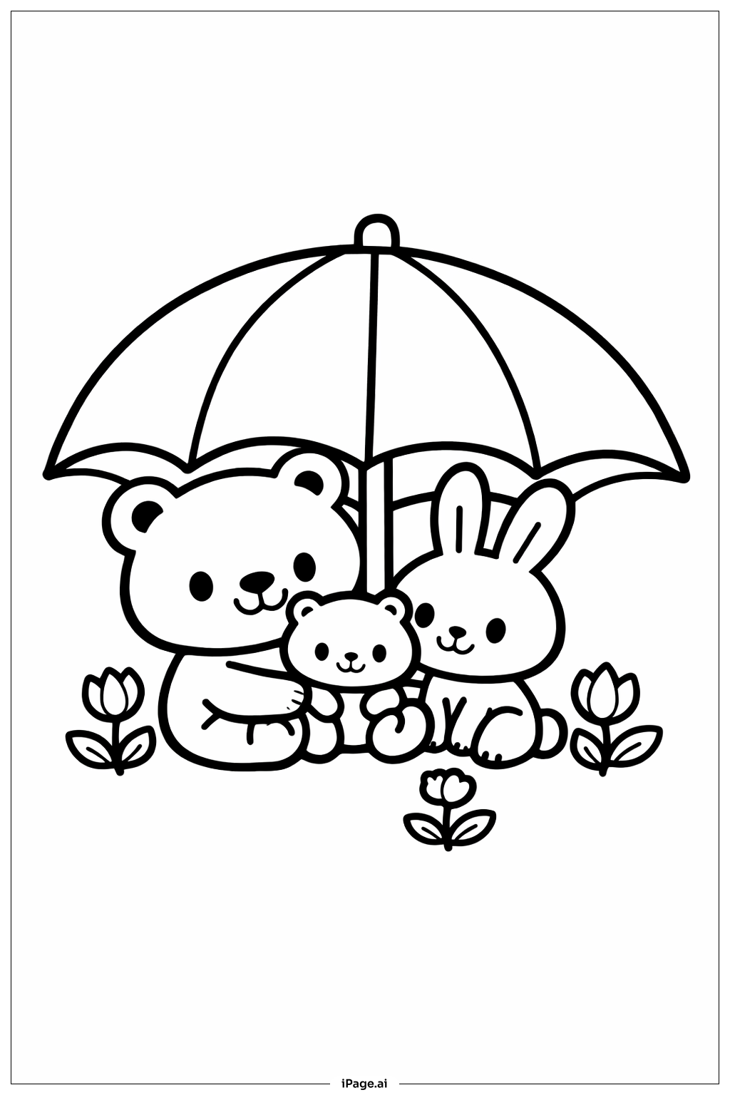 Page de coloriage Les averses d’avril apportent les fleurs de mai - Famille d’animaux sous un parapluie