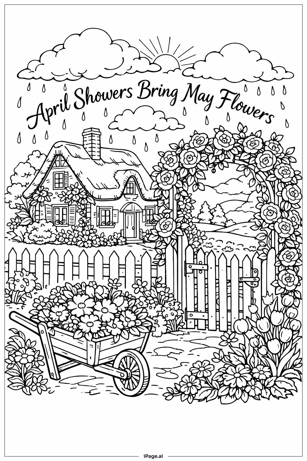 Page de coloriage Les averses d'avril apportent les fleurs de mai Jardin de cottage