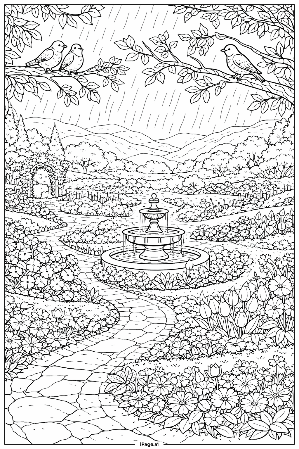 Page de coloriage Les averses d'avril font fleurir le jardin enchanté de mai