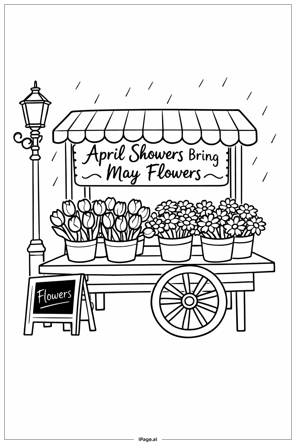Page de coloriage Avril pluvieux amène fleurs en mai Chariot à fleurs