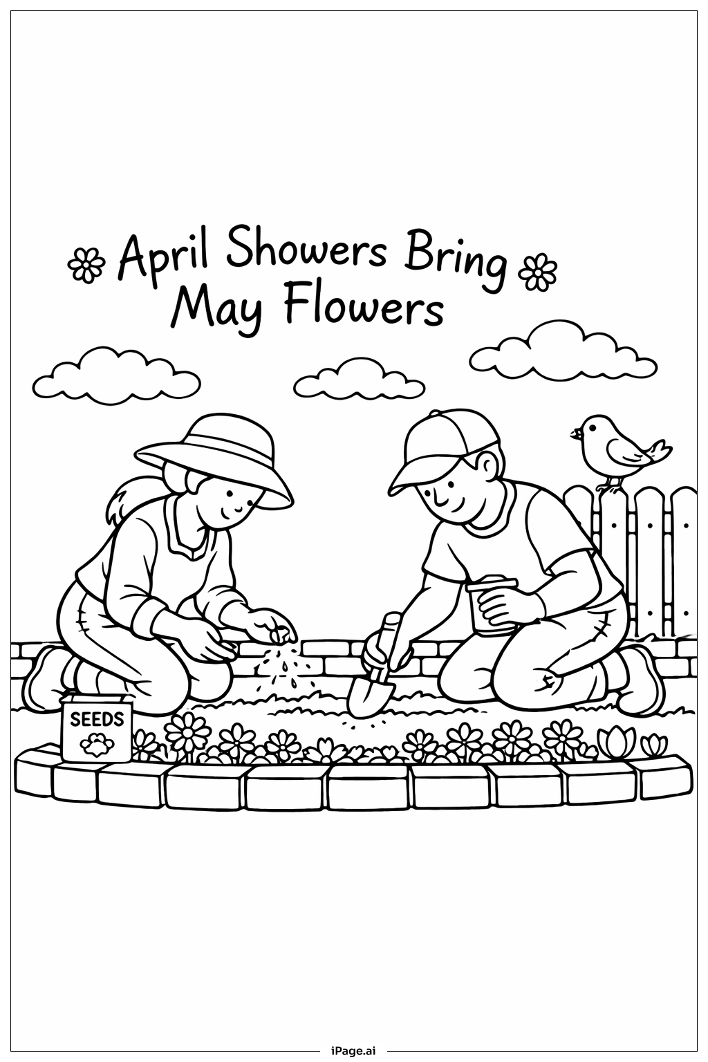 Page de coloriage Avril Pluvieux Apporte Mai Fleuri Couple de Jardin