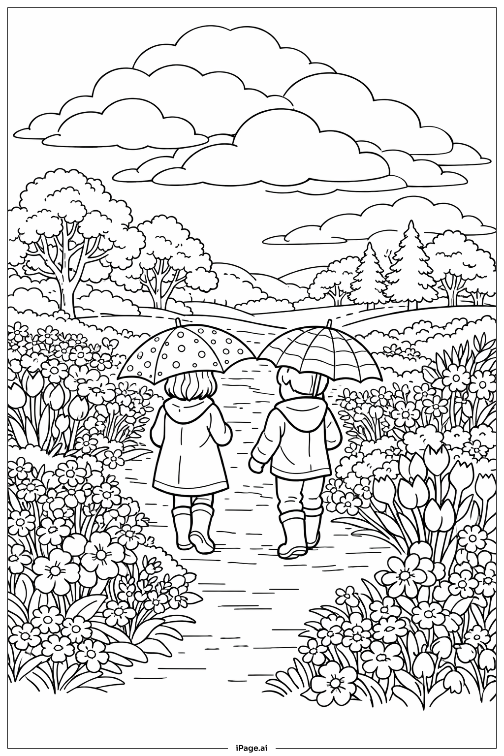 Page de coloriage Les averses d'avril apportent des fleurs de mai sur le chemin du jardin