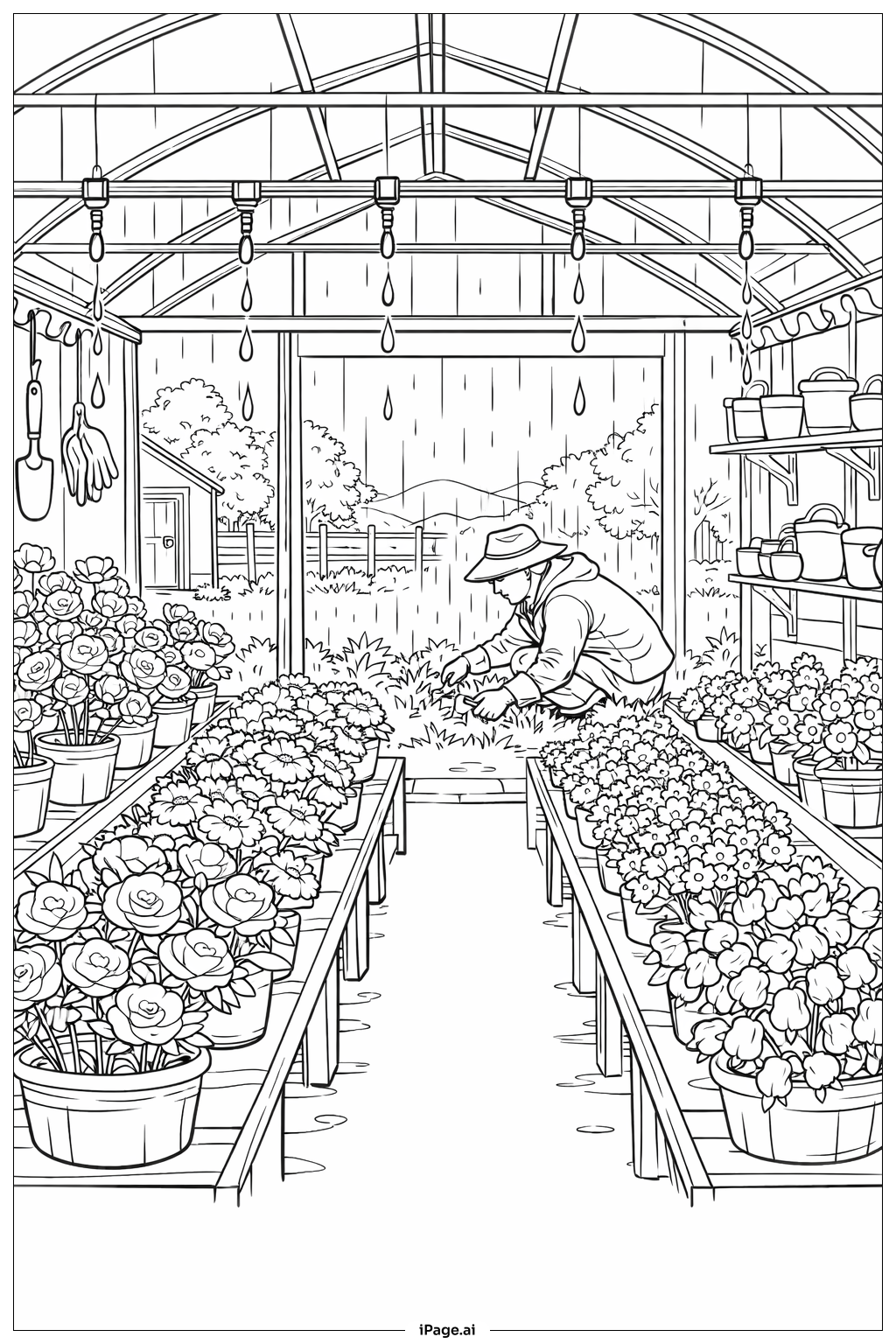Page de coloriage Intérieur de la serre : Les averses d'avril apportent les fleurs de mai