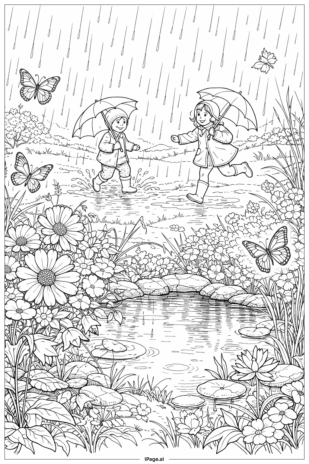 Page de coloriage Avril pluvieux apporte fleurs de mai Jeu dans la prairie