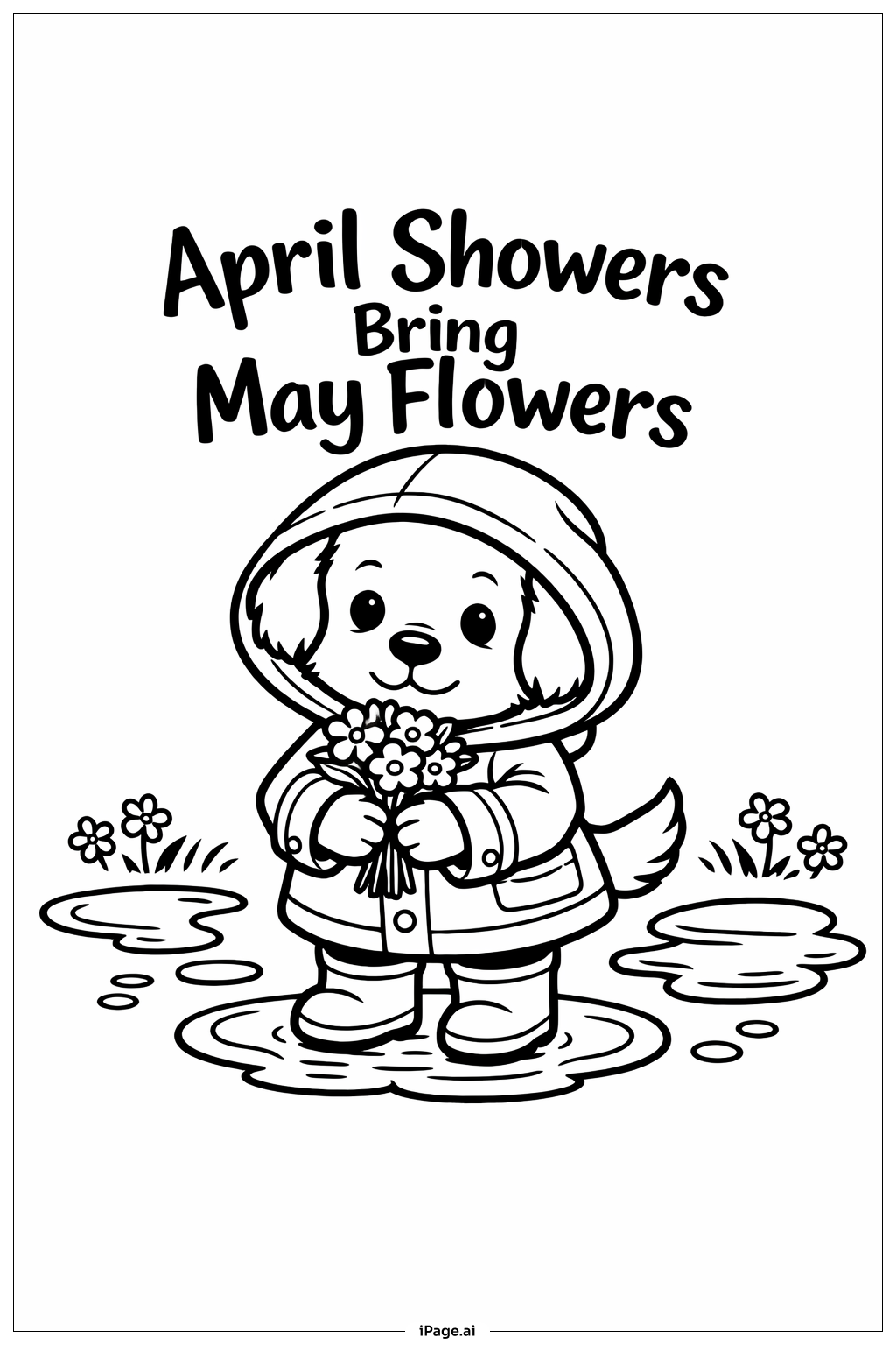 Page de coloriage Avril pluvieux, mai fleuri Chiot en imperméable
