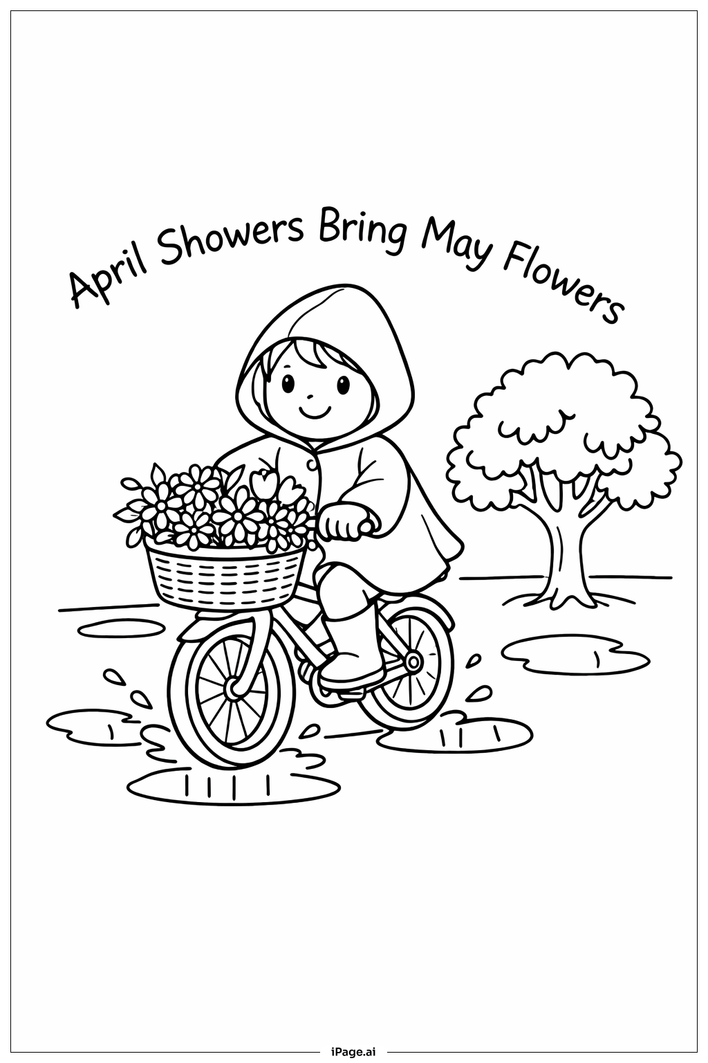 Page de coloriage Avril pluvieux prépare mai fleuri Balade à vélo sous la pluie