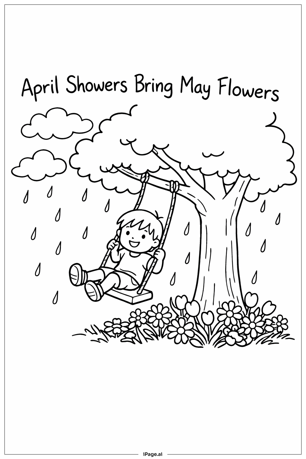 Page de coloriage Avril pluvieux apporte fleurs de mai Balançoire sous la pluie