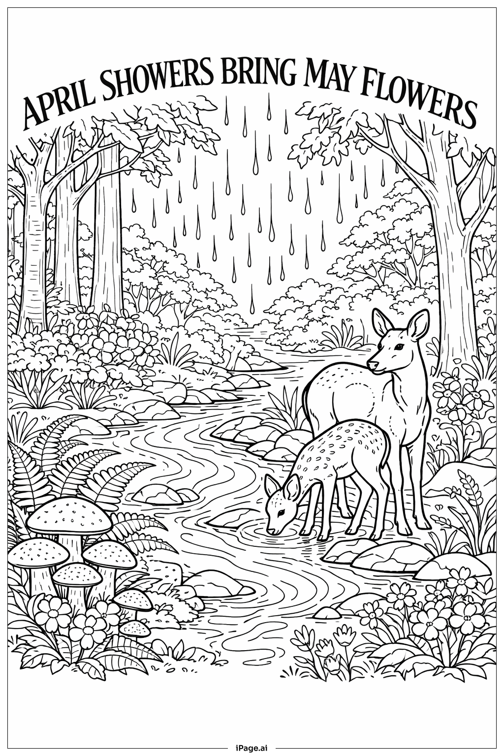 Page de coloriage Avril pluvieux, mai fleuri en forêt pluvieuse