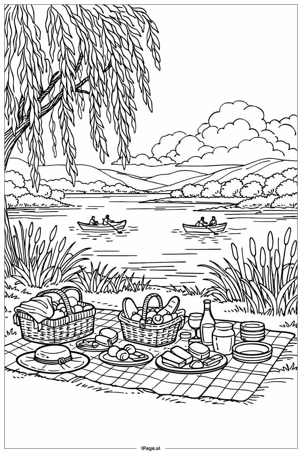 Page de coloriage Les averses d'avril apportent les fleurs de mai - Pique-nique au bord de la rivière