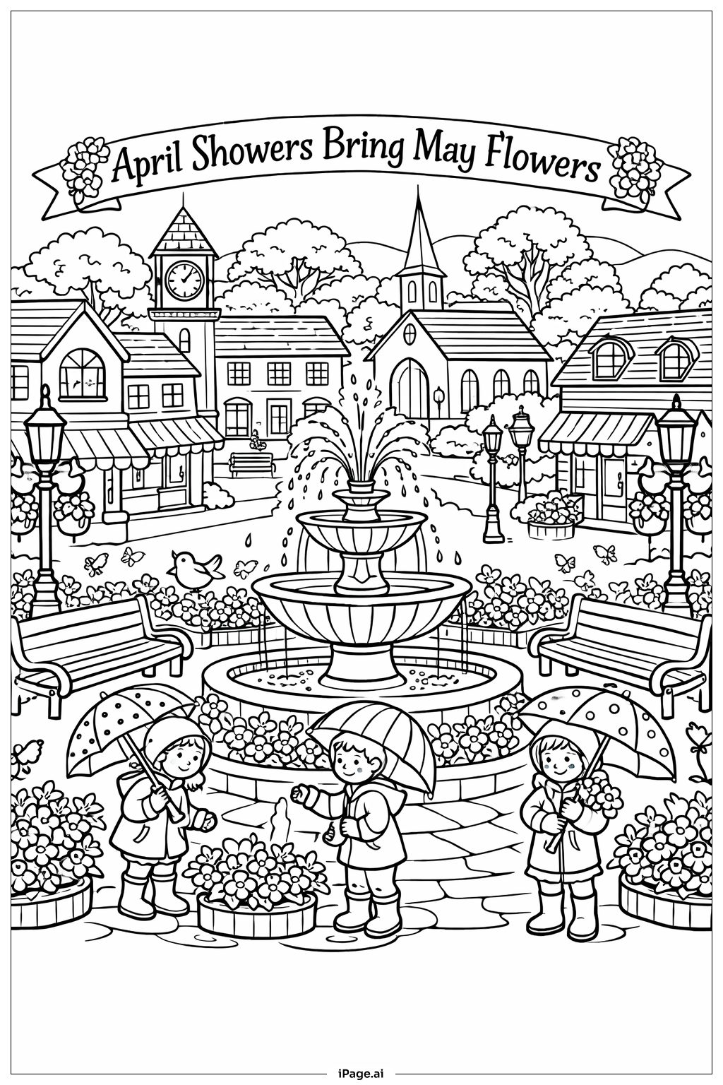 Page de coloriage Les averses d'avril apportent des fleurs en mai sur la place du village