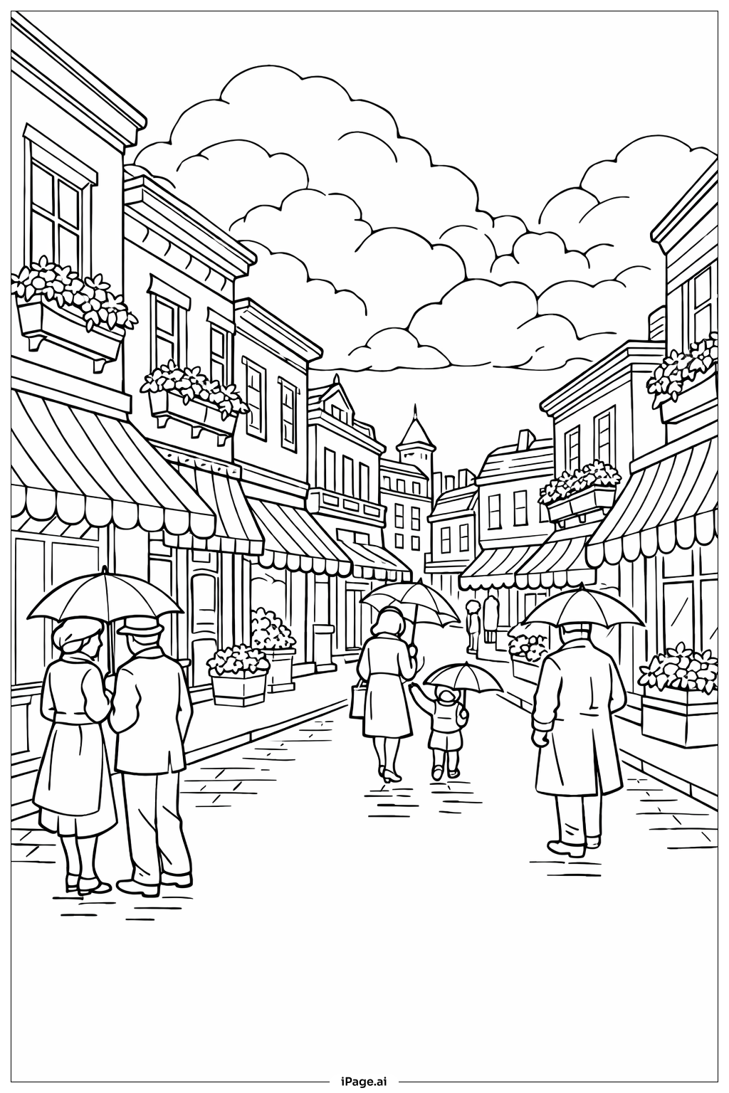 Page de coloriage Des averses d'avril apportent des fleurs de mai dans la rue de la ville