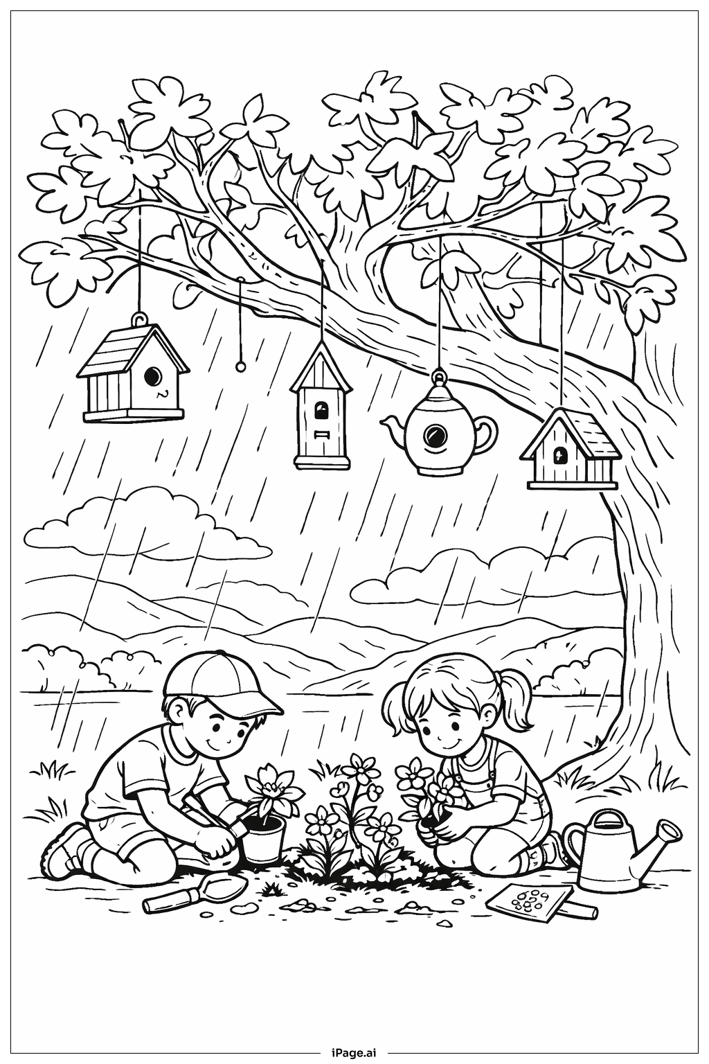 Page de coloriage Les averses d'avril apportent les fleurs de mai - Plantation d'arbres