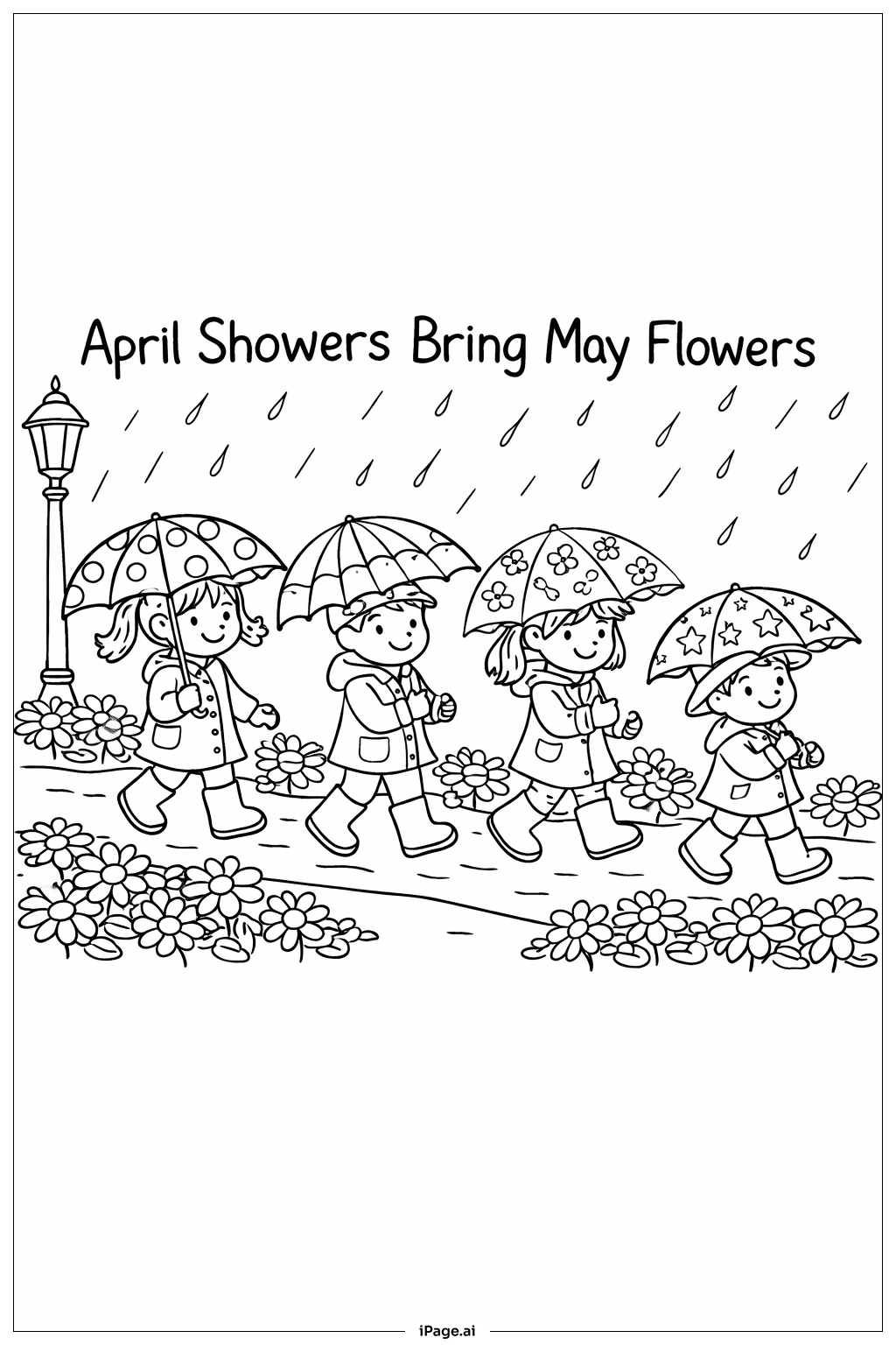 Page de coloriage La parade des parapluies d'avril apporte des fleurs en mai