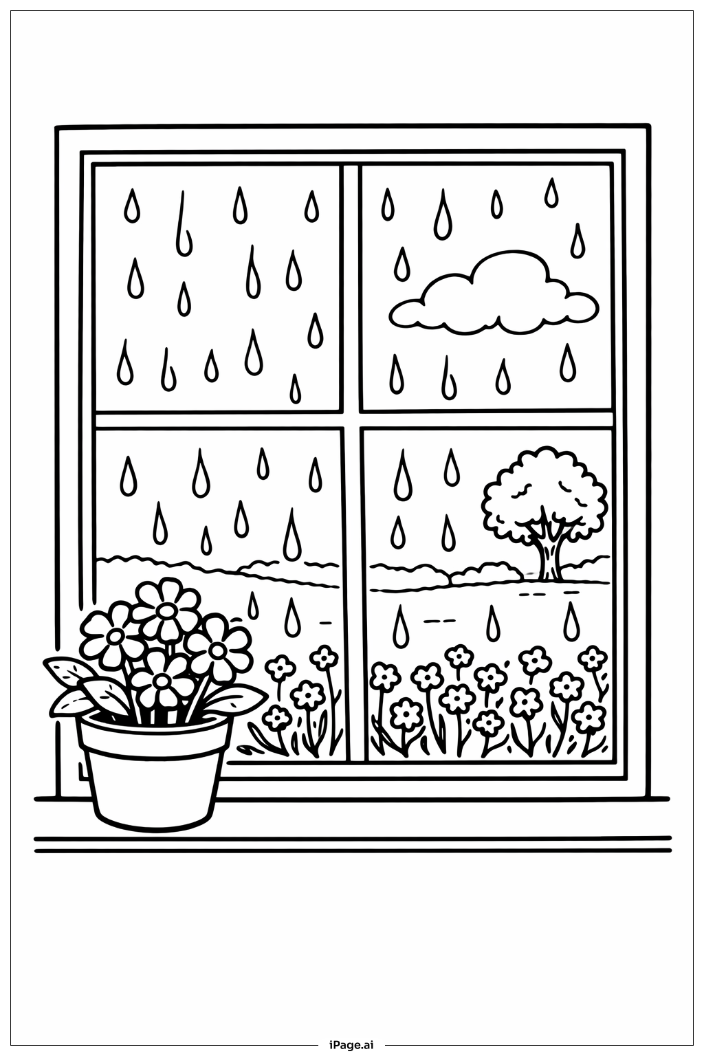 Page de coloriage Les averses d'avril apportent les fleurs de mai, vue depuis la fenêtre