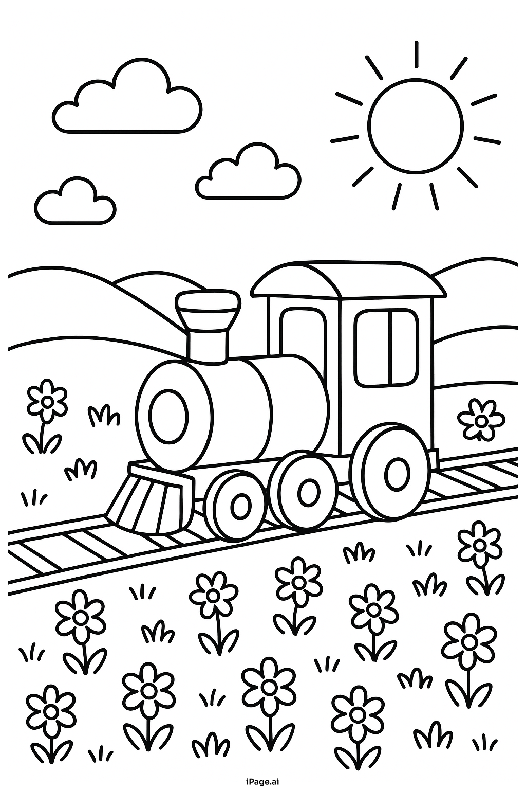 April Train Through Meadow Coloring Page