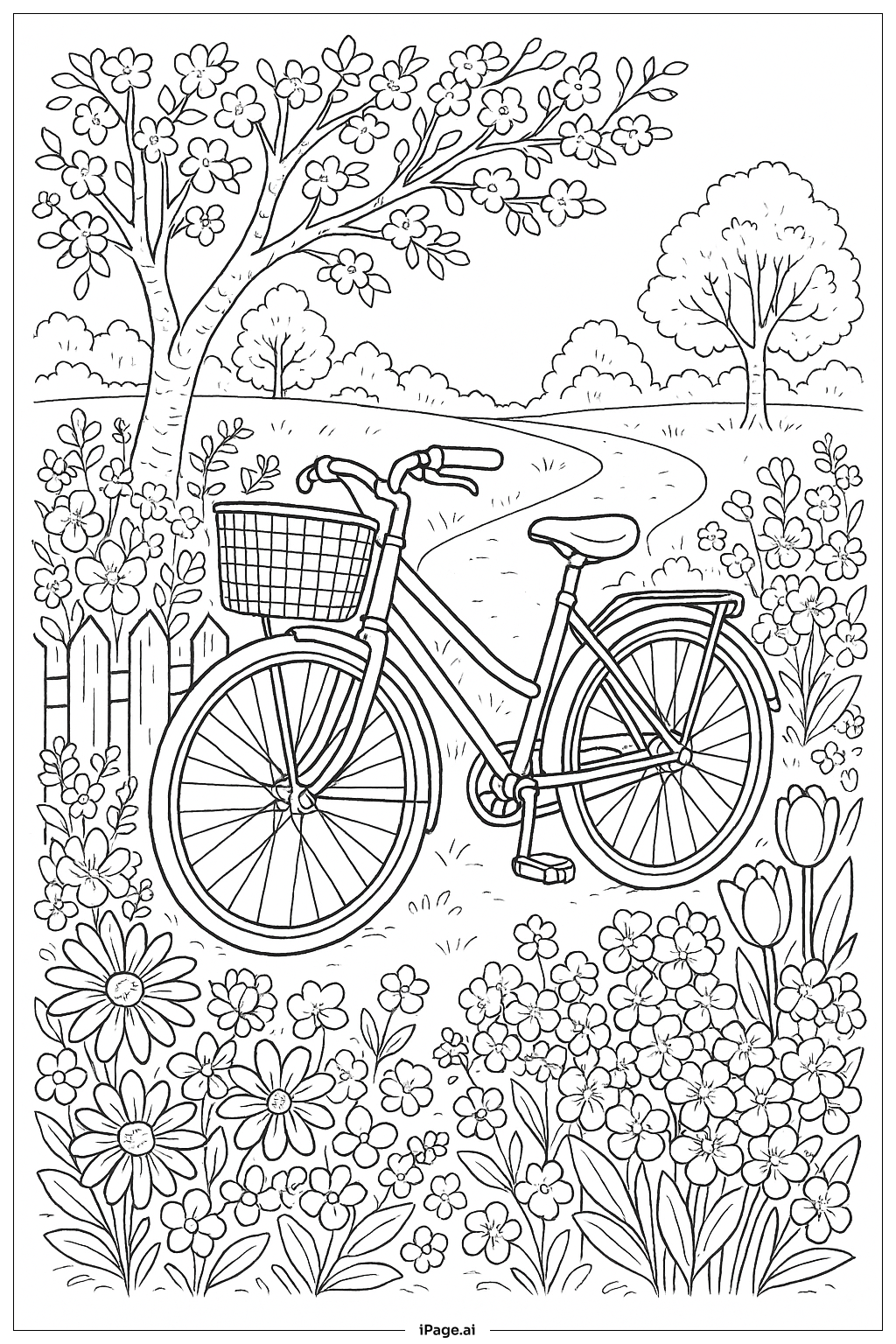 April Vintage Bicycle Through Blooms Coloring Page