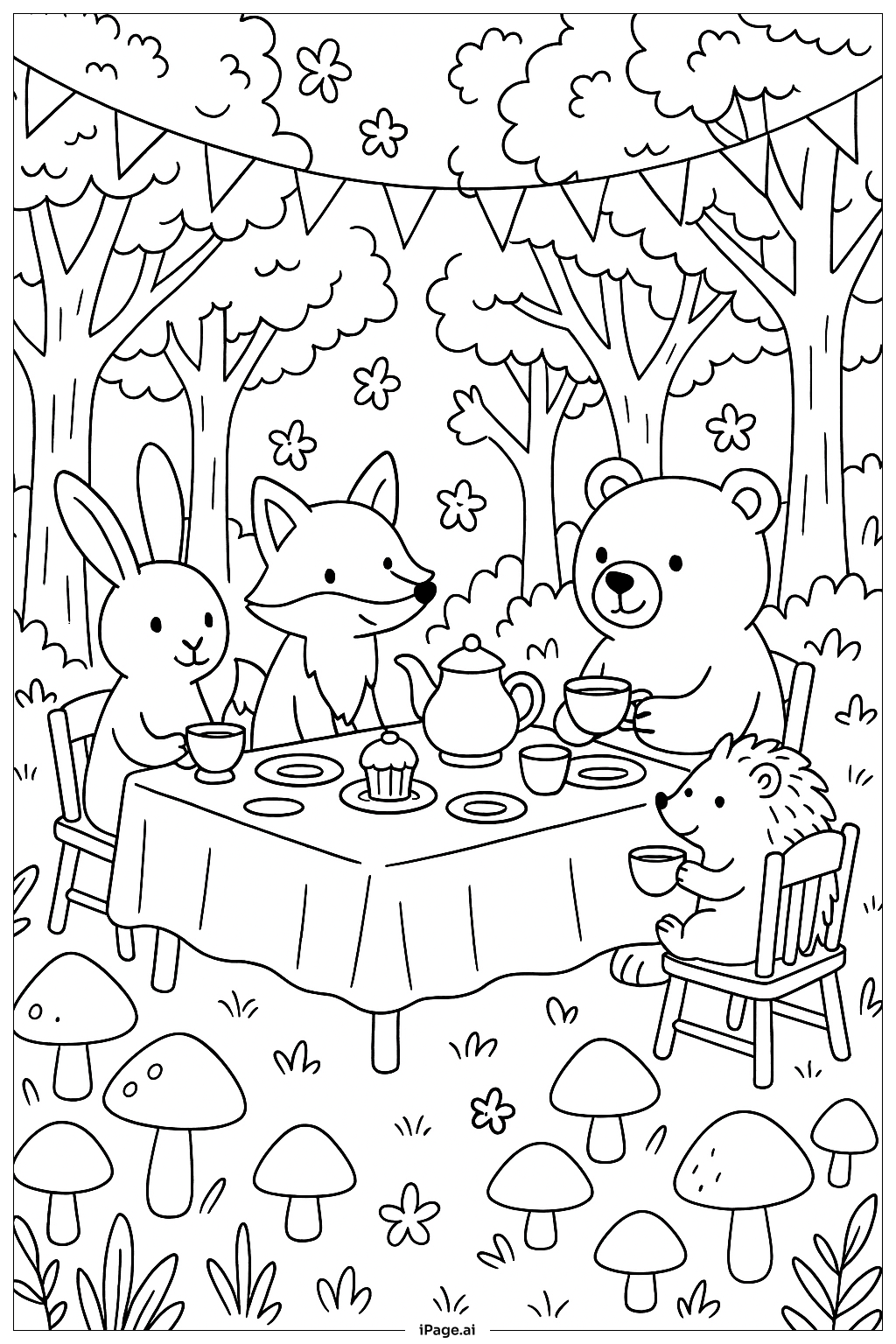 April Woodland Tea Party Gathering Coloring Page