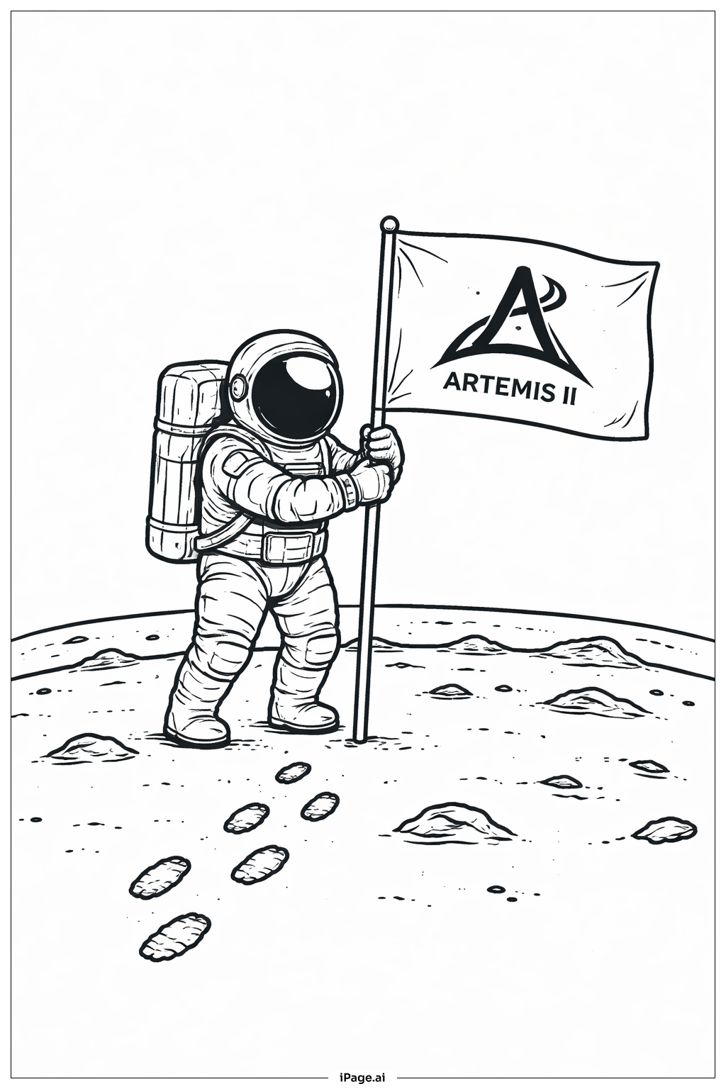 アルテミスII宇宙飛行士の旗を立てるの塗り絵ページ