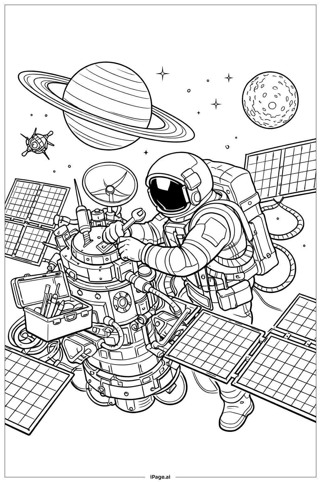  Astronaut repariert Fenster der Raumstation Ausmalseite 