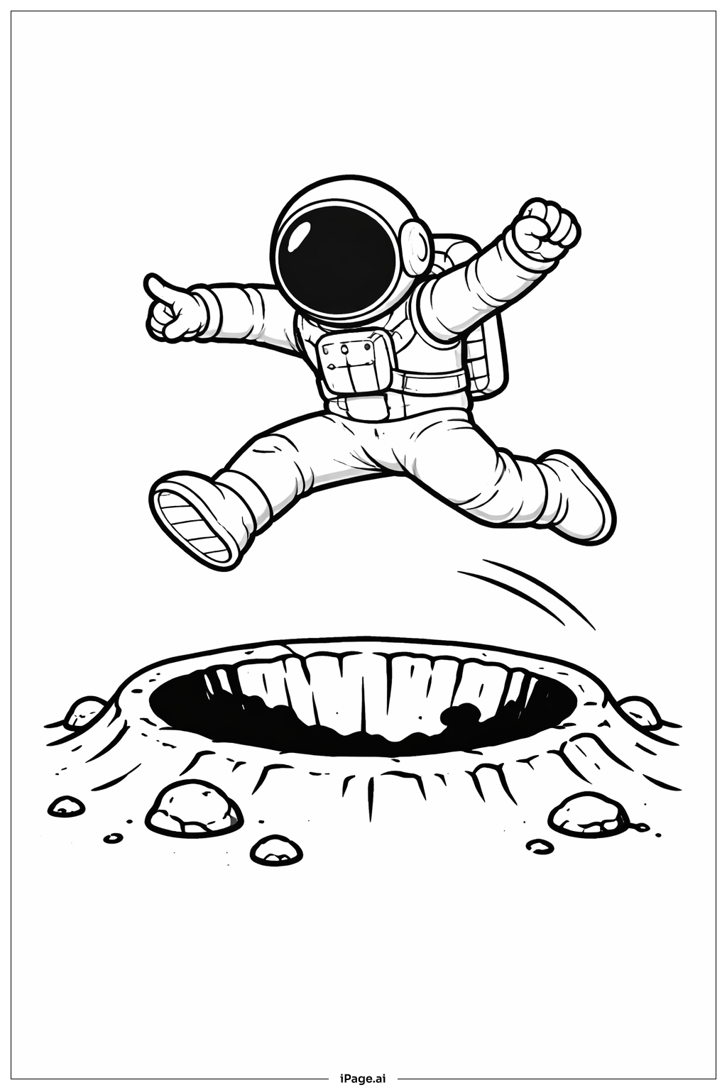  Page de coloriage Astronaute sautant par-dessus un cratère 