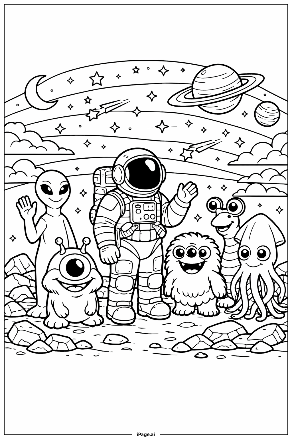  Astronaut trifft außerirdische Freunde Ausmalseite 