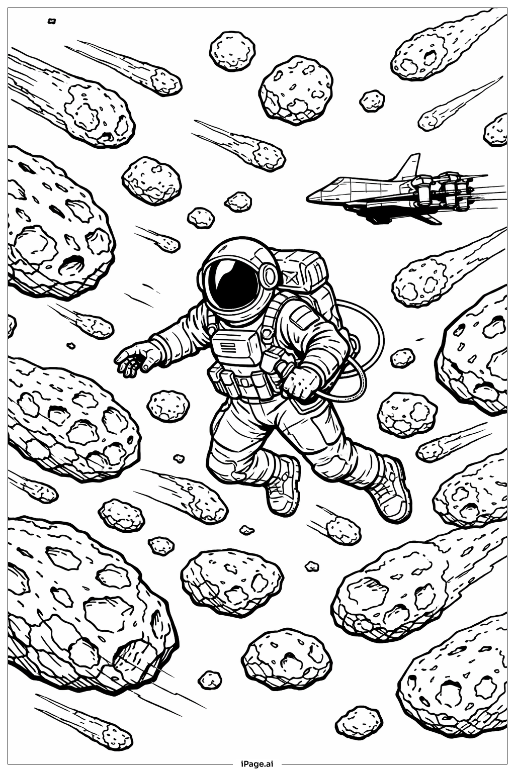  Astronaut navigiert durch Meteorfeld Ausmalseite 