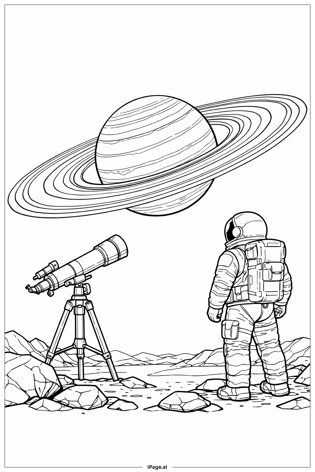  Astronaut, der einen Planeten mit Ringen beobachtet Ausmalseite 