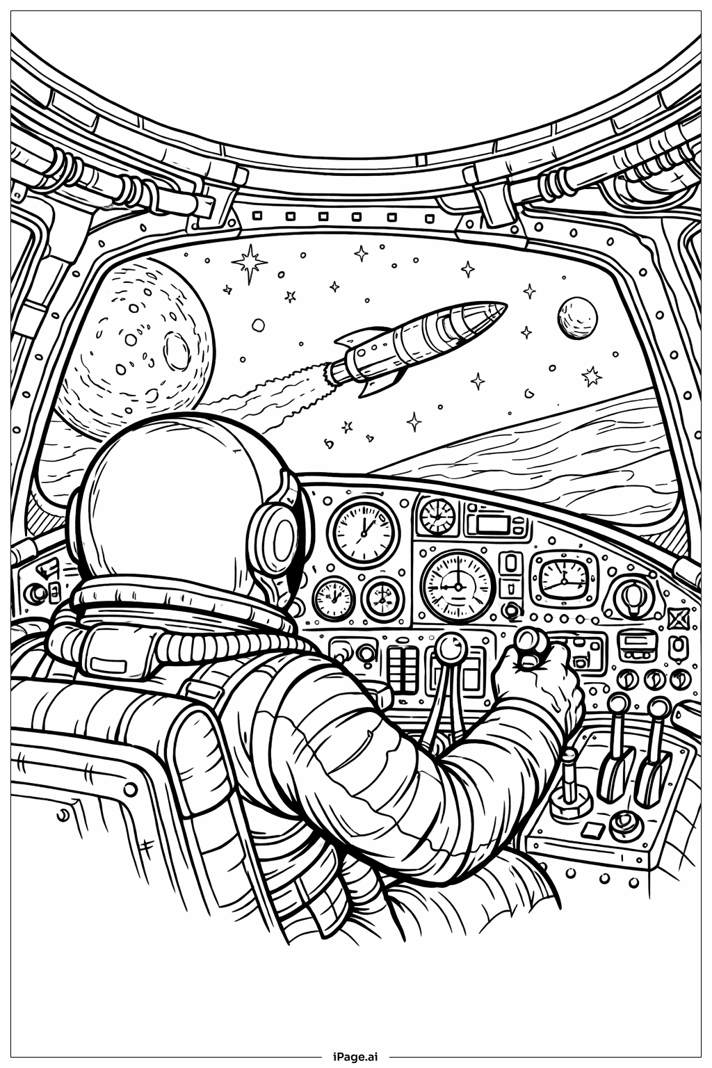  Astronaut steuert eine Vintage-Rakete Ausmalseite 