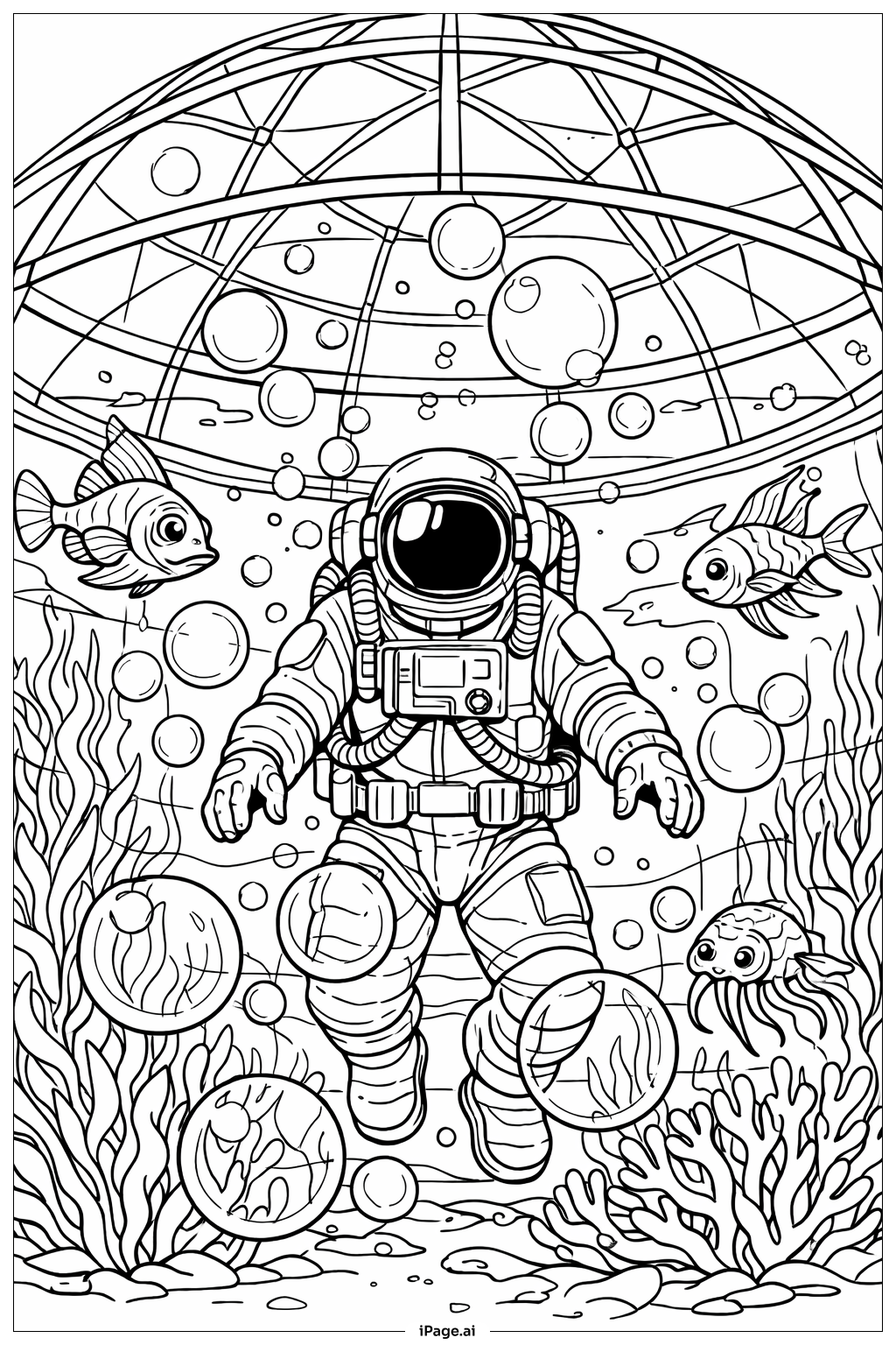  Astronaut unter der Kuppel im Weltraum Ausmalseite 