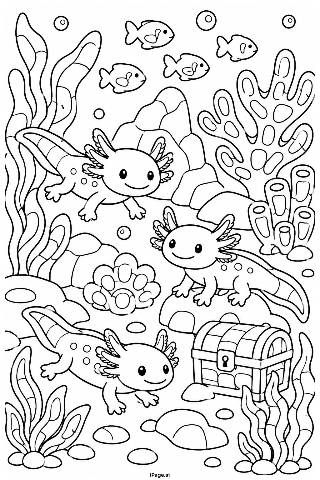 Axolotl Korallenriff Szene Ausmalseite