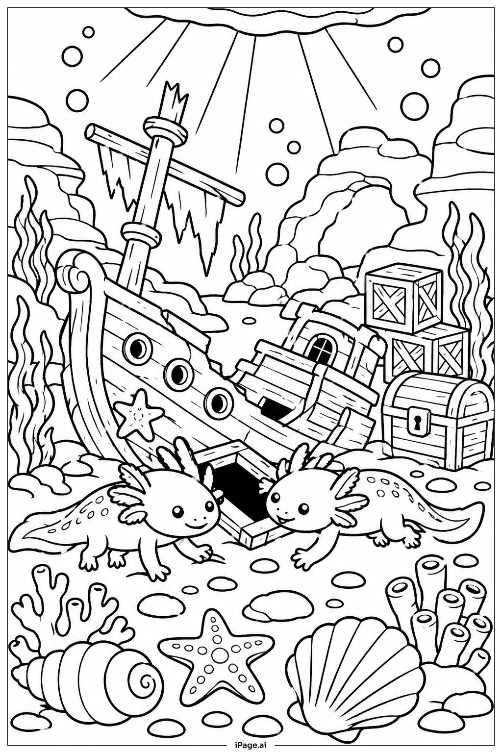Page de coloriage Axolotl explorant un navire englouti