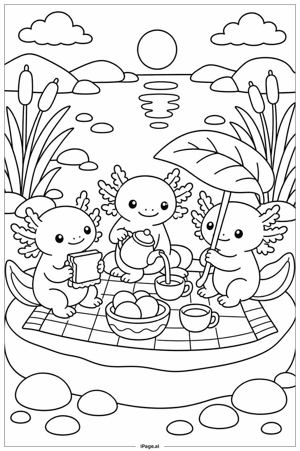 アホロートルの家族ピクニックの塗り絵ページ