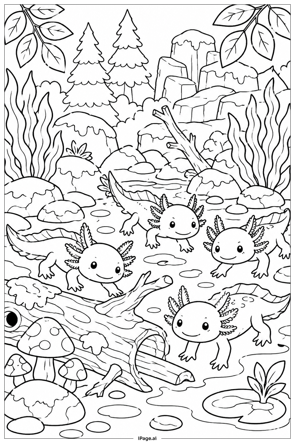 Axolotl Forest Expedition Coloring Page