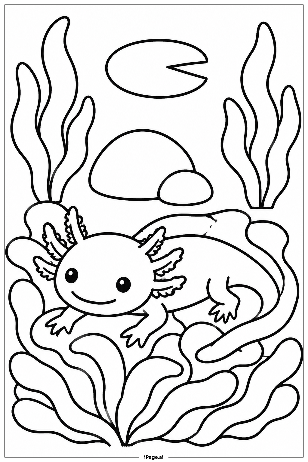 이끼 침대에 있는 Axolotl 색칠공부 페이지