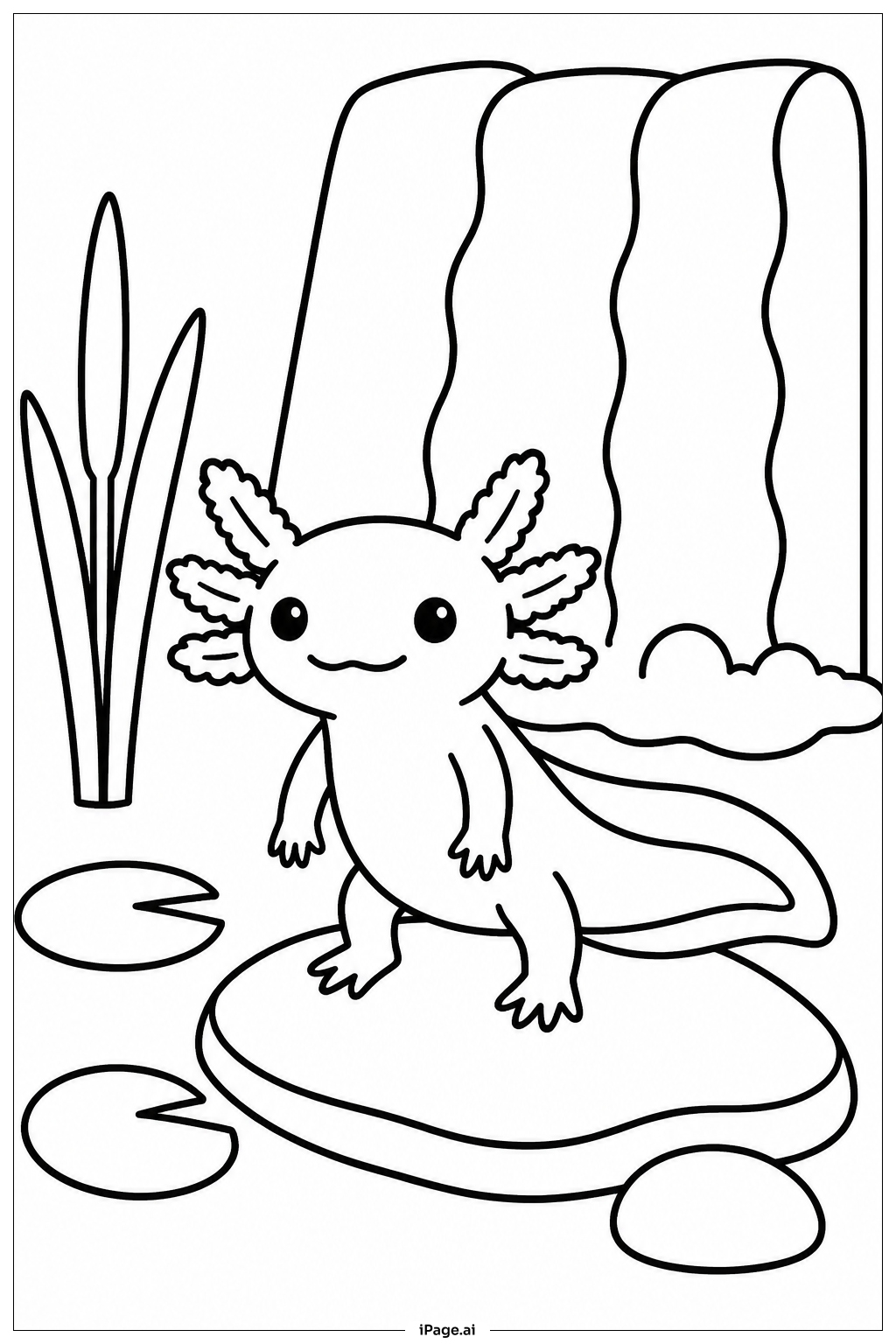 Axolotl Near Waterfall Coloring Page