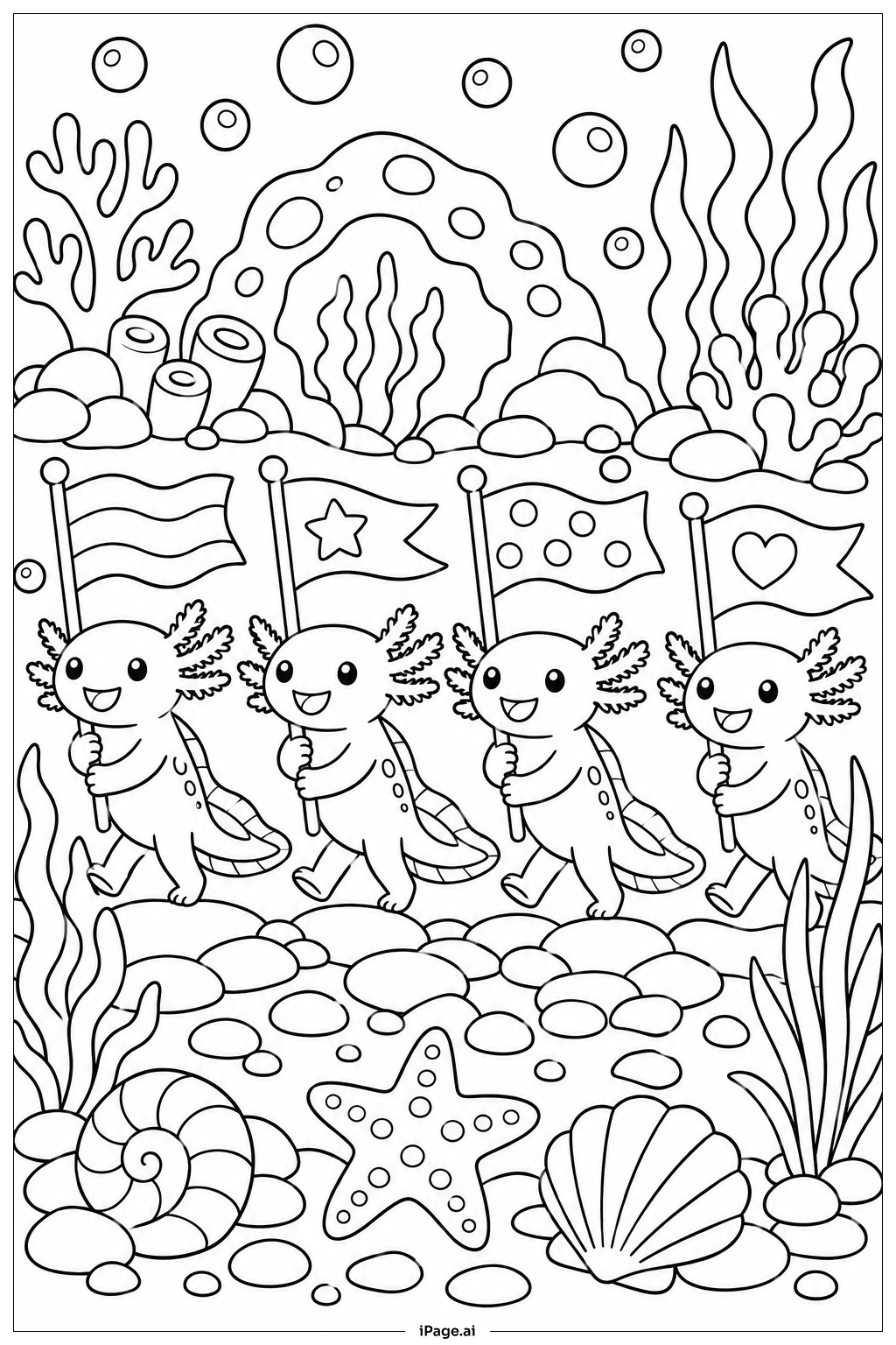  Página para colorir de Desfile de Amigos Axolotl 