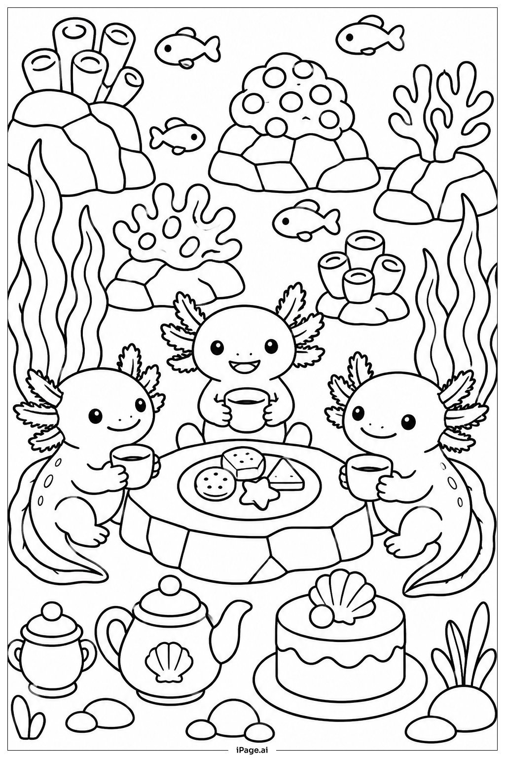  Página para colorear de Fiesta de Té de Axolotl Bajo el Agua 