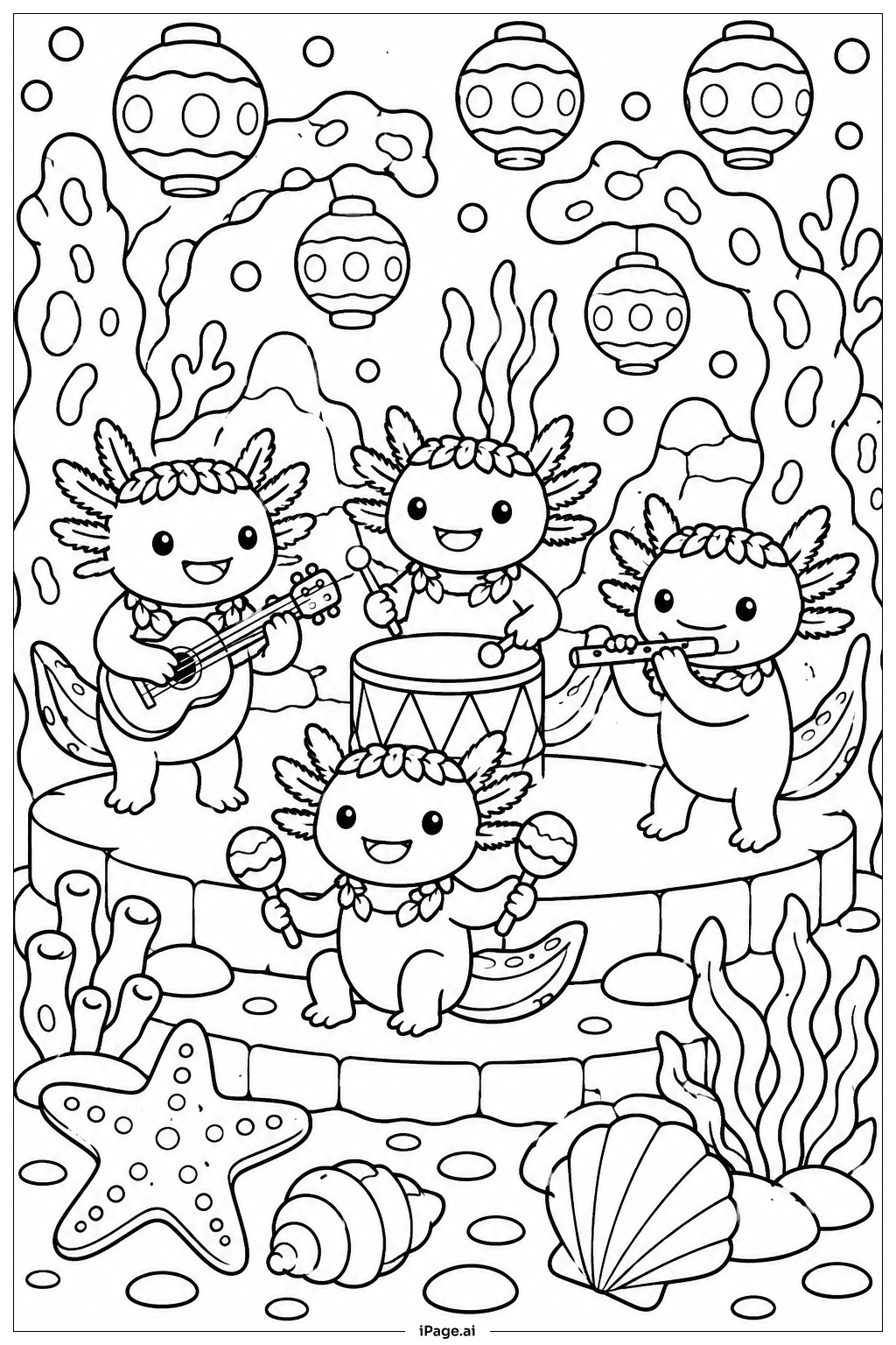 Axolotl Underwater Festival Coloring Page
