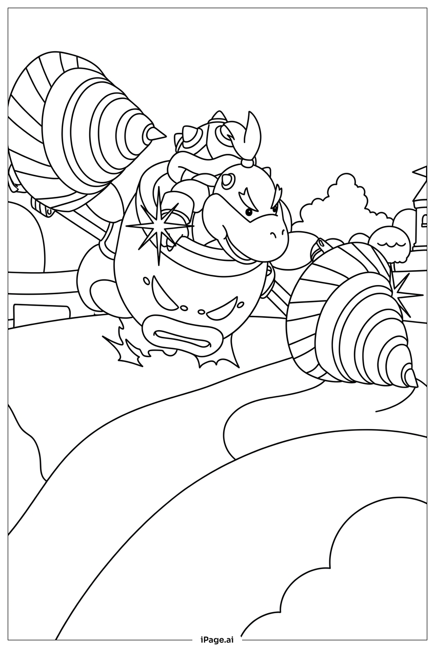 Page de coloriage Bowser Jr court la route dans son véhicule blindé en forme de perceuse