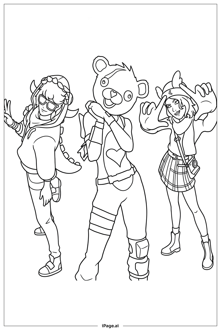  Fortnite trio striking playful victory poses Coloring Page 