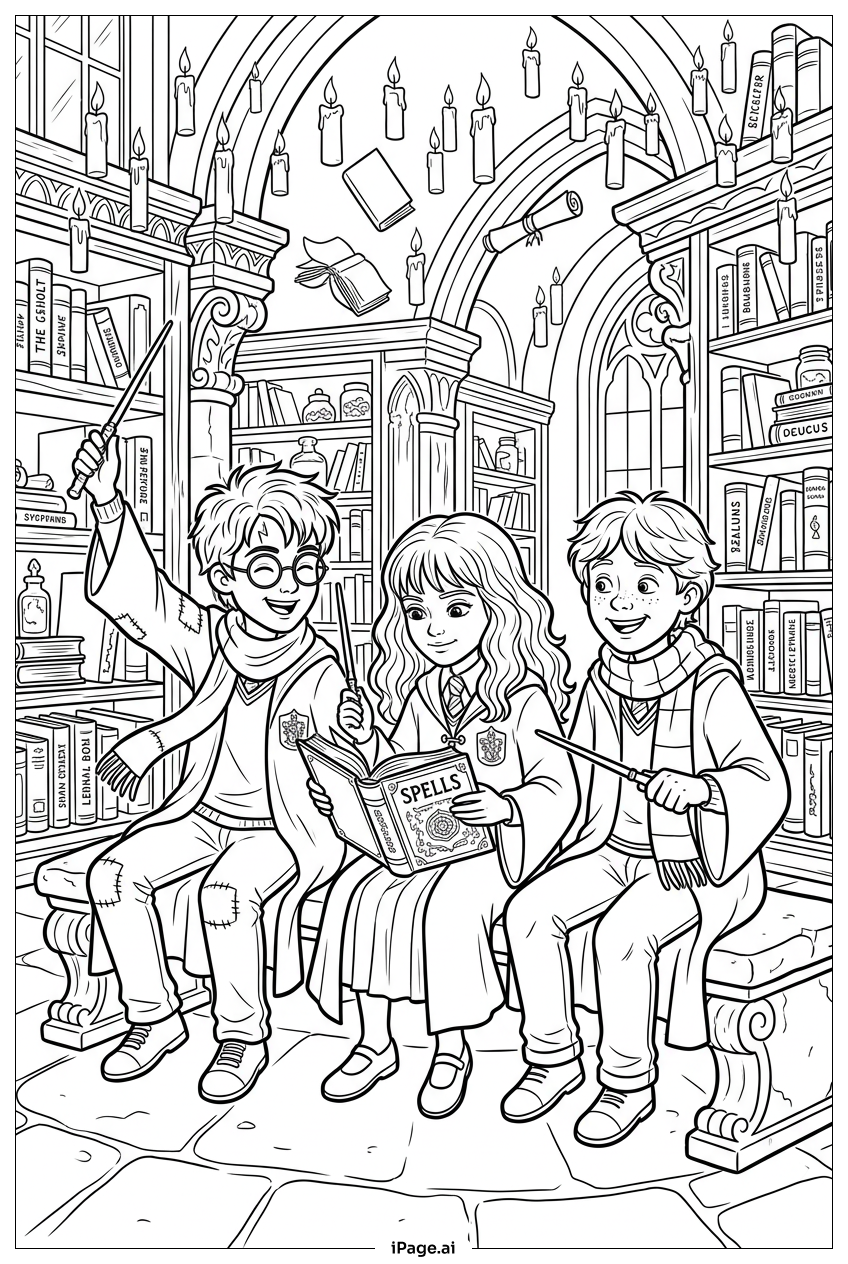 Harry Potter Estudando Feitiços com Amigos