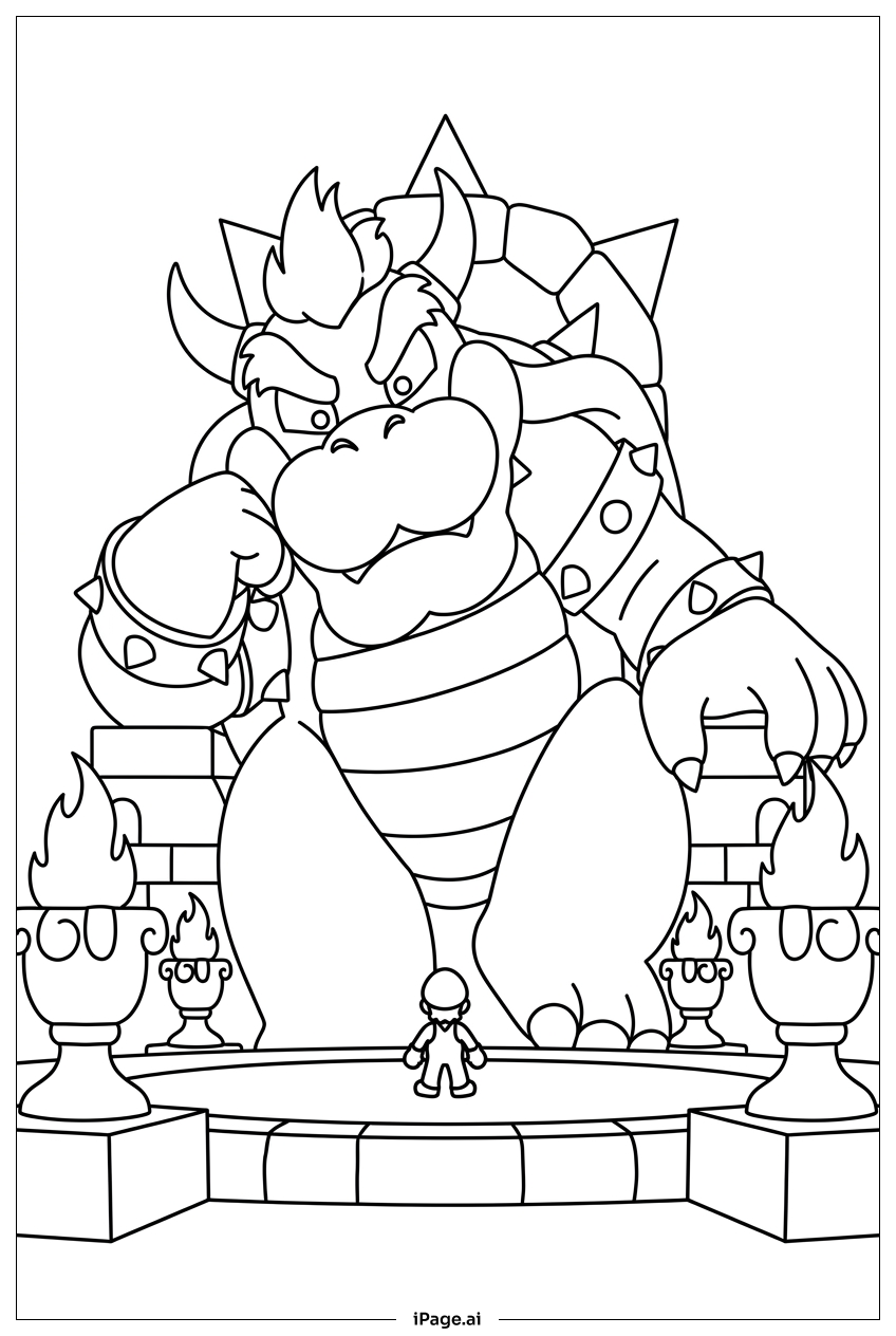 Bowser towers on throne before brave tiny hero