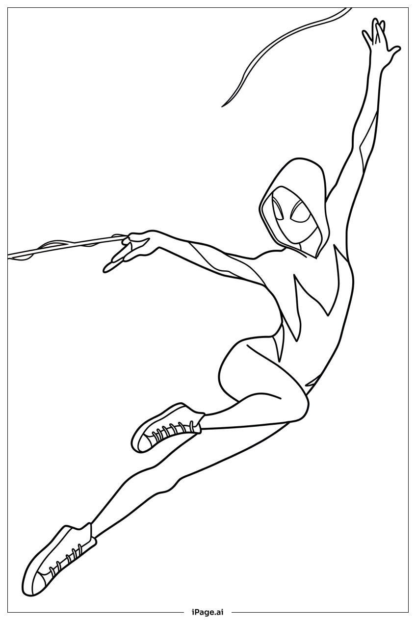 Spider Gwen soaring high on swift webline Coloring Page