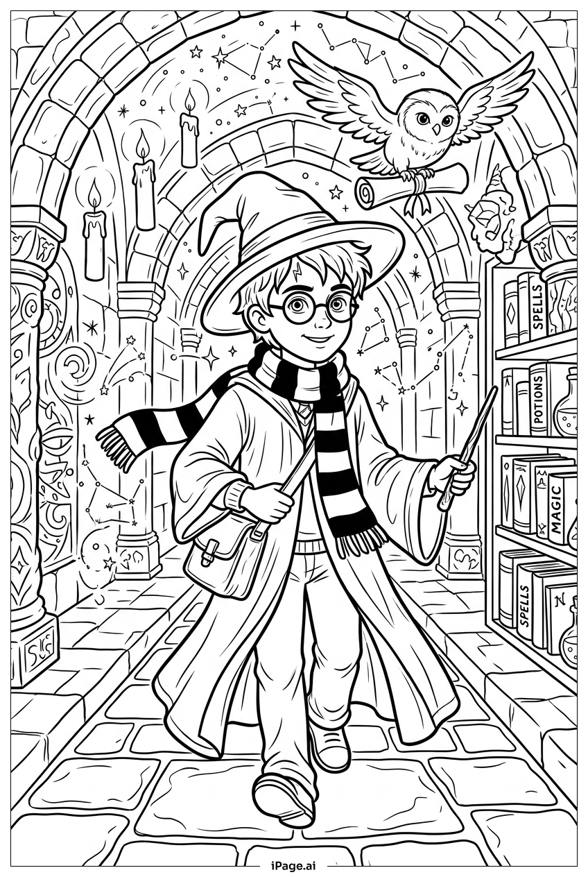 Página para colorir de Harry Potter Passeando pelo Corredor com Coruja Mensageira