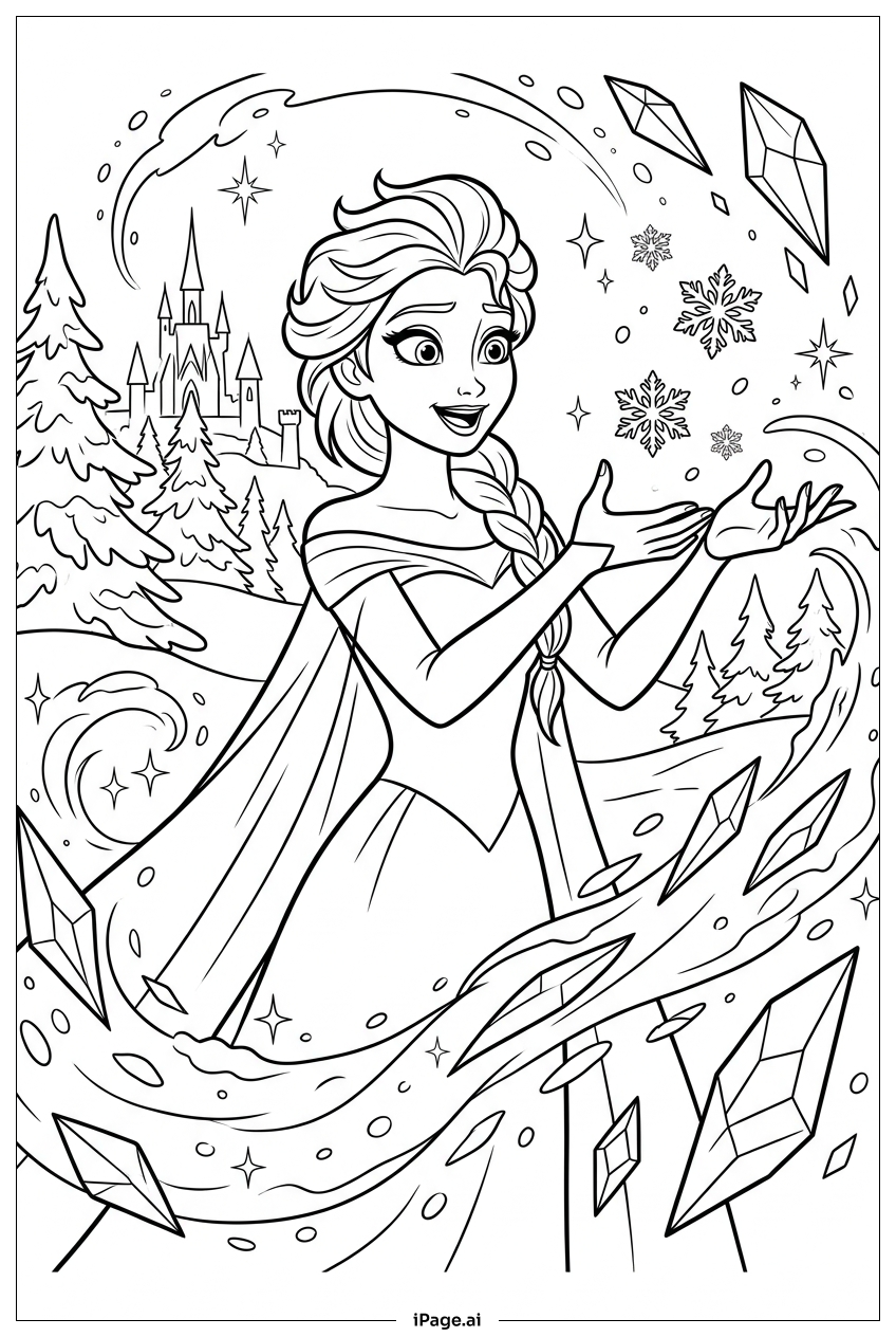 Elsa beschwört Kristalle beim Schloss Arendelle Ausmalseite