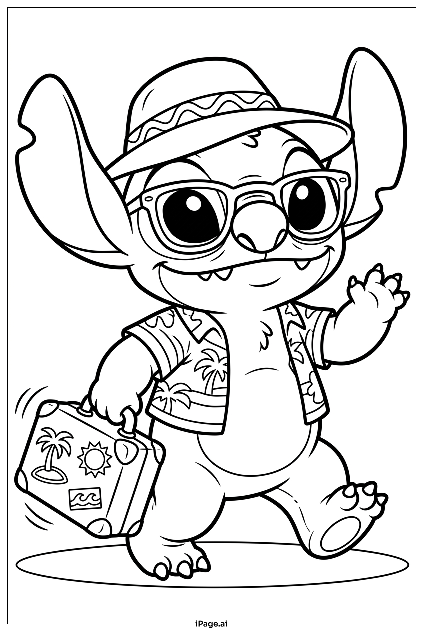 スティッチがスーツケースとサングラスで楽しく旅するの塗り絵ページ