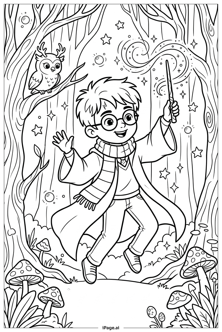 Página para colorir de Harry Potter Conjurando Fagulhas na Floresta Encantada